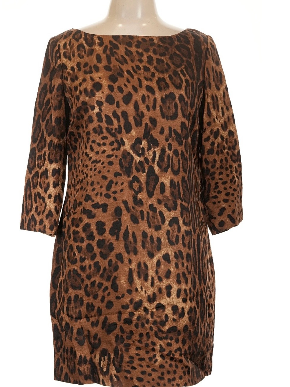 St. John Wild Leopard Textured Shift Dress in Brown & Black Sleek 3/4 Sleeves